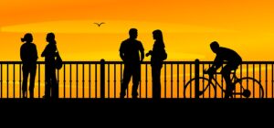 bridge, sunset, people